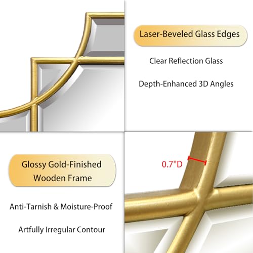 HQiJun 30x20 Inch Gold Wall Mirror with Wooden Frame — Beveled Irregular Rectangle Design for Bedroom & Living Room