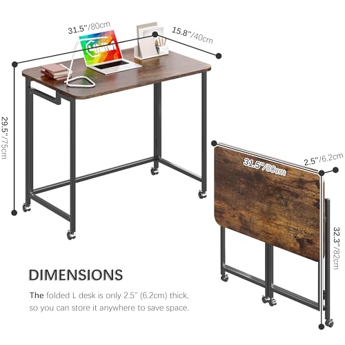 31.5-Inch Small Folding Mobile Computer Desk with Wheels - Rustic Brown & Black
