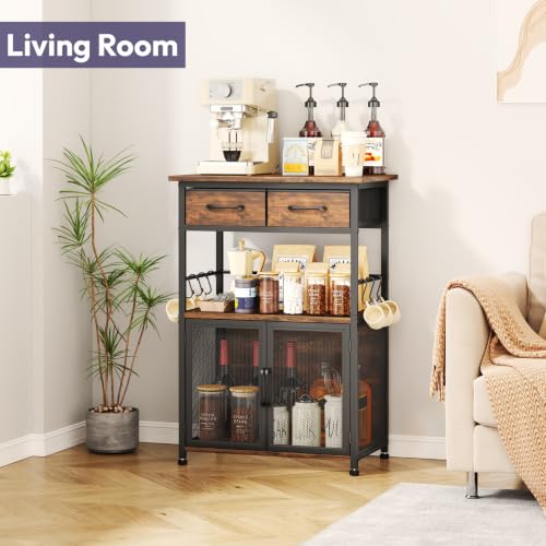 Espresso Coffee Bar Cabinet with Drawers & Hooks - SWTYMIKI 20.5x13.8x31.3" Kitchen Storage