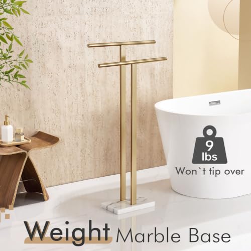 Standing Towel Rack with Marble Base - 2-Tier Bathroom Towel Holder - Champagne Bronze