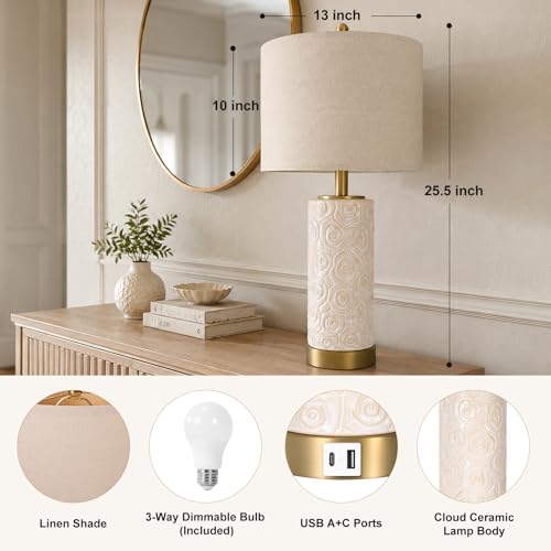 25.5-Inch Boho Ceramic Table Lamps Set of 2 with Dimmable Bulbs & USB Ports