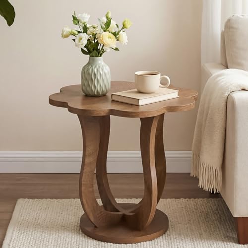 LITTLE TREE Rustic Brown Flower-Shaped Side Table - Modern Farmhouse Nightstand with Artistic S-Shaped Legs