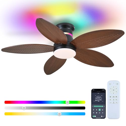 BYKISTOK 46in Tropical Palm Leaf Ceiling Fan with Lights & Remote - Reversible, Dimmable LED, RGB Side Light, Brown Flush Mount