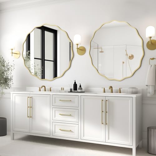 Gold 32-inch Wavy Round Wall Mirror with Aluminum Frame - Modern Bathroom & Living Room Decor