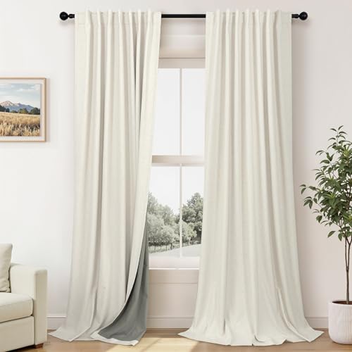 Pitalk Blackout Linen Curtains - Natural 60W x 102L Inches, Pack of 2