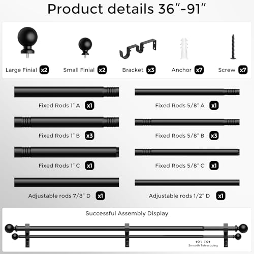 Wolistsa Double Curtain Rod 36-91 Inch Matte Black Heavy Duty Dual Rods - Adjustable