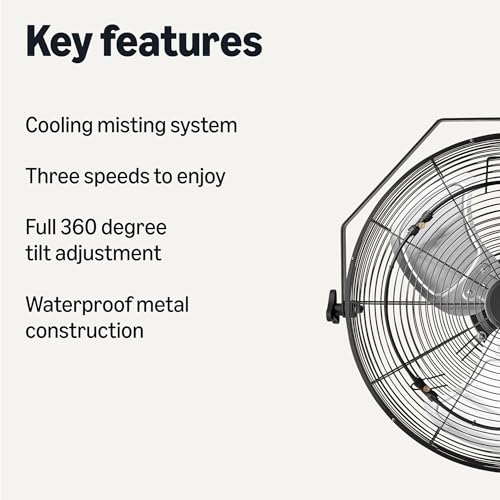 Outdoor Misting Fan - 18" Wall-Mounted Industrial Cooling Fan with Tilt Head, Waterproof IP44, Metal Blades, 3 Speeds