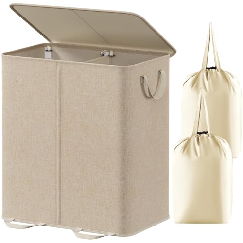 Lifewit Double Laundry Hamper with Lid and Removable Bags - Beige 155L