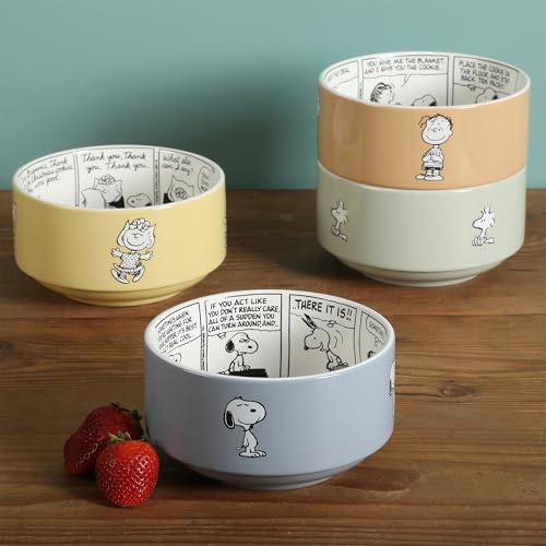 Peanuts Snoopy Bonbon Bites Decorated Stackable Ceramic Bowls Set - 4 Pack, 5.5-Inch, Microwave & Dishwasher Safe