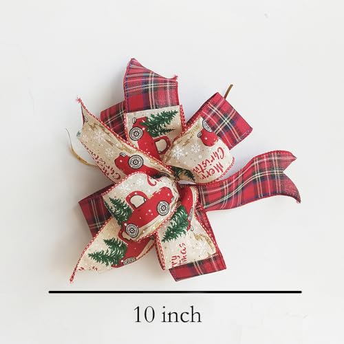 Christmas Bows 2PCS for Wreath 10X10 Inch,Black Red Buffalo Plaid Bows,Rustic Farmhouse Bows Natural Burlap Tree Topper Bows for Front Door Winter Christmas Tree Bows for New Year Xmas Decorations