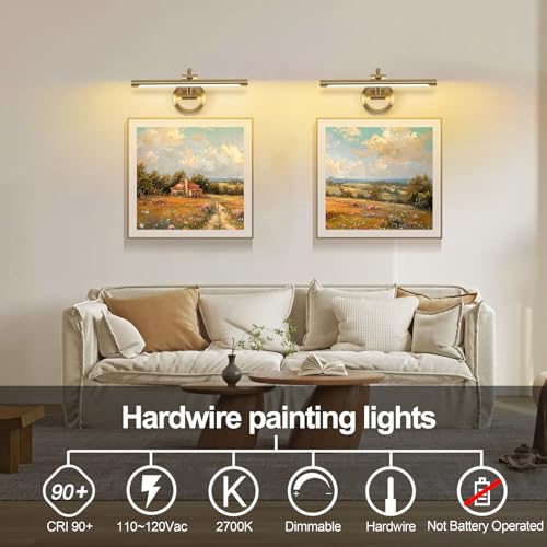 Brass Dimmable Wall Picture Light - 15.75 Inch Adjustable Swing Arm for Artwork