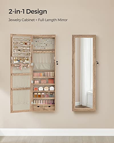 Jewelry Cabinet with Full-Length Mirror & LED Lights - Tall 47.2-Inch, Lockable, Toasted Oak