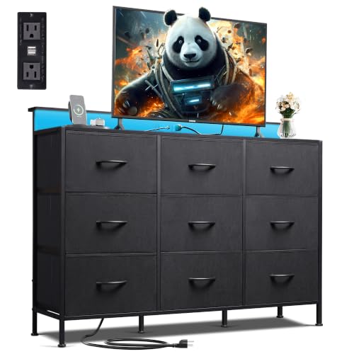 WLIVE Black 9-Drawer TV Stand Dresser with LED Lights & Fabric Storage
