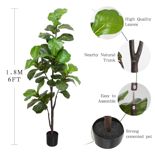LUWENER 6ft Green Large Artificial Fiddle Leaf Fig Tree in Pot for Indoor & Outdoor Decor