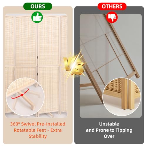 Beige Bamboo Room Divider 67-inch, 4-Panel Freestanding Wooden Screen, Versatile Partition