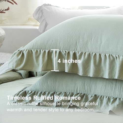 Sage Green Ruffle Comforter Set - Queen Bedding with 2 Shams - Soft & All-Season