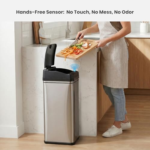 Sensor Touchless Kitchen Trash Can 13 Gallon Stainless Steel with Odor Filter