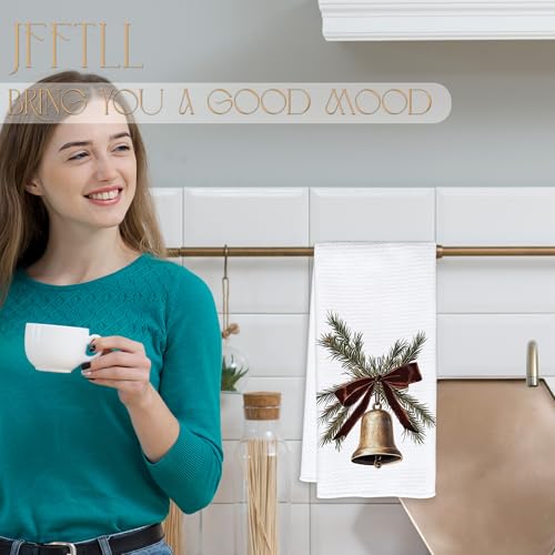 Bell White Christmas Kitchen Towels - Neutral Dish Hand Towels 16x24 Inch