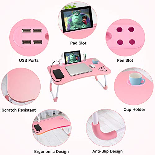 Pink Slendor Foldable Lap Desk with Cup Holder for Bed Couch Floor
