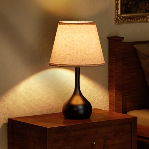 Touch Bedside Lamp Farmhouse 3-Way Dimmable Table Lamp with Linen Shade - Beige & Black, 17.3"