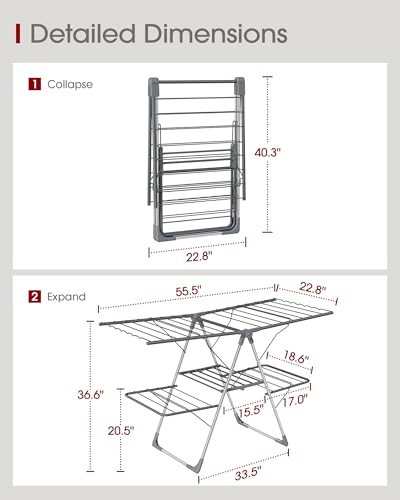 Sakugi Foldable Clothes Drying Rack 55.5" Large Gray 2-Level Adjustable Wings