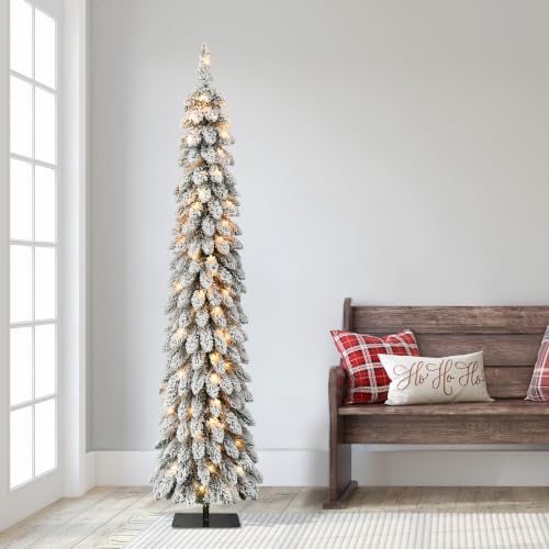 Puleo International 7ft Pre-Lit Flocked Alpine Pencil Christmas Tree