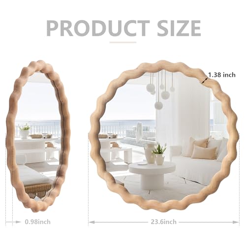 24-Inch Light Brown Wooden Wall Mirror with Scalloped Wavy Frame - Bathroom & Nursery Decor
