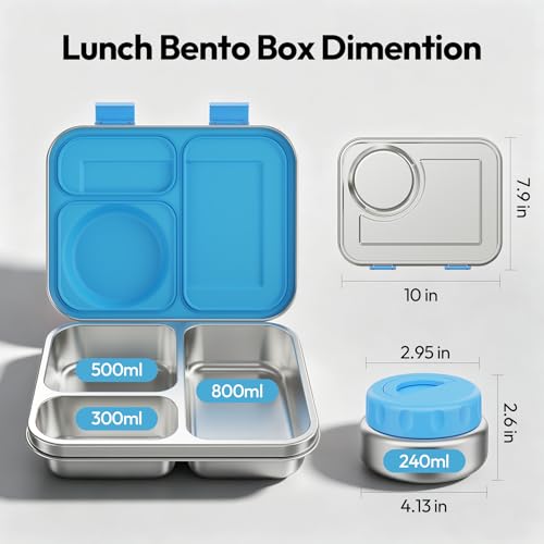 Stainless Steel Bento Lunch Box with 8oz Insulated Food Jar - Blue - 3 Compartments, Leak-Proof & BPA-Free for Kids & Adults