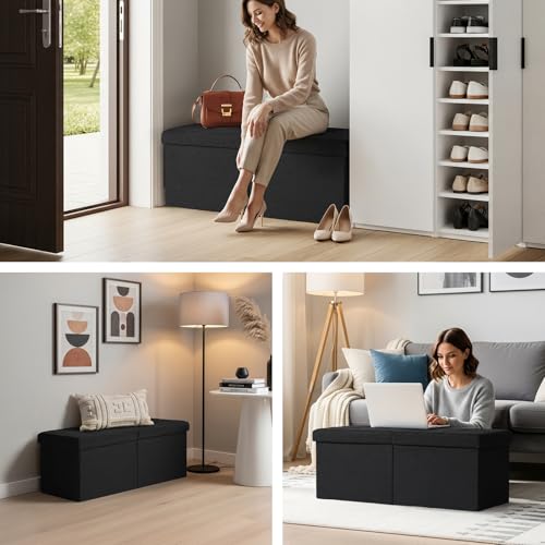 Snuvid 35-Inch Black Storage Ottoman Bench with Lid, Footrest & Shoe Organizer