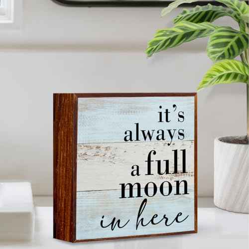 Funny Bathroom Sign, Bathroom Shelf Decor Desk Decor Wooden Box Sign Rustic Wood Plaque Box Sign for Home Office Restroom Toilet Shelf Table Decoration It's Always a Full Moon in Here Sign.