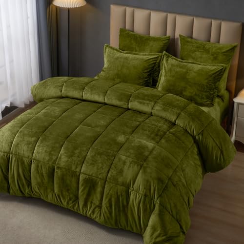 Double Velvet Comforter Set - King Olive Green 5-Pc Winter Bedding