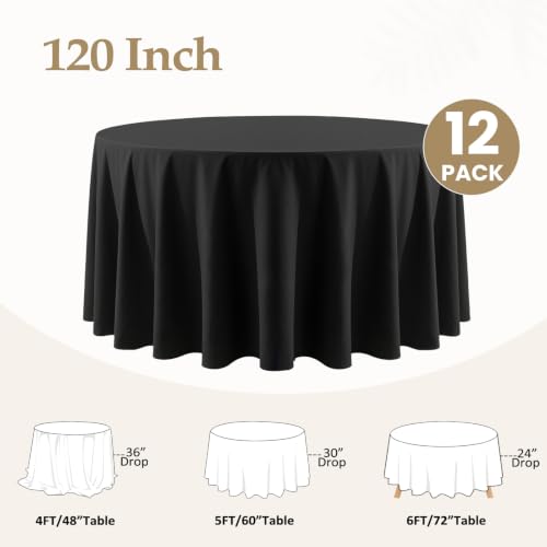 CKIKU 120 Inch Black Round Tablecloths - 12 Pack for 48-96 Inch Tables