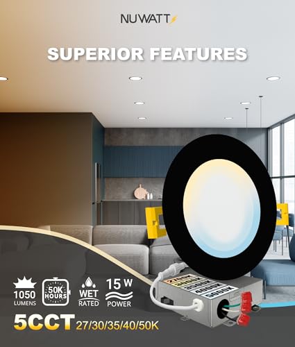NUWATT 6 Inch Black Recessed LED Downlights with 5 CCT, Dimmable, Damp Rated, 6 Pack