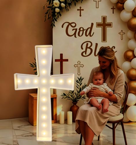 3FT Lighted Cross Light, Warm Yellow LED for Baptism Wedding Christmas