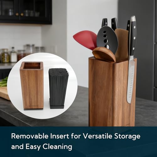 Magnetic Knife Block with Removable Insert - 360° Rotatable Acacia Wood Knife Holder, Large Capacity Kitchen Organizer