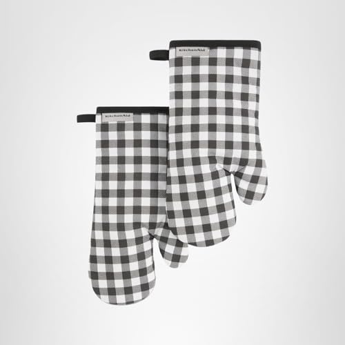 KITCHENAID Gingham Oven Mitt 2-Pack Set, Matte Black, 7"x13"