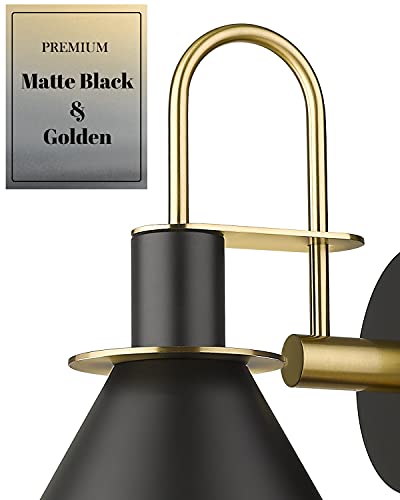 Black and Gold Industrial Wall Sconce Set of 2 - Modern Bathroom Vanity & Bedroom Lighting, Medium