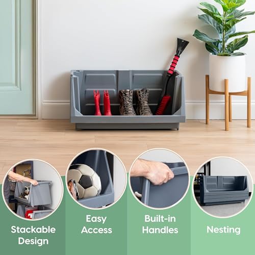 Jumbo Heavy Duty Stackable Open Front Storage Bins - Dark Gray 3 Pack