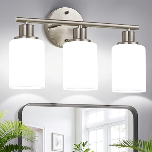3-Light Vanity Light Fixture - Brushed Nickel & Milky White Glass Shades, Reversible Mounting