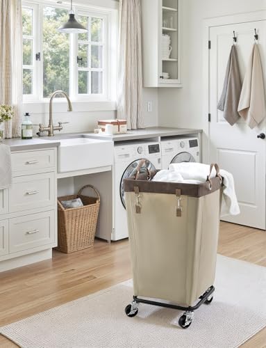 Laundry Basket with Wheels - 160L Rolling Hamper for Clothing - Light Khaki