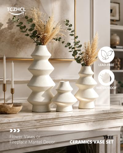 White Christmas Tree Ceramic Vase Set of 3 - Holiday Table Decorations