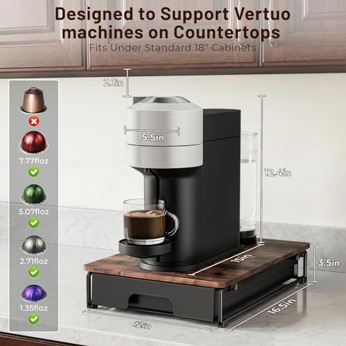 EVERIE Wooden Coffee Pod Drawer for Nespresso Vertuo Capsules - Holds 40 Large or 52 Small Pods, Rustic Brown