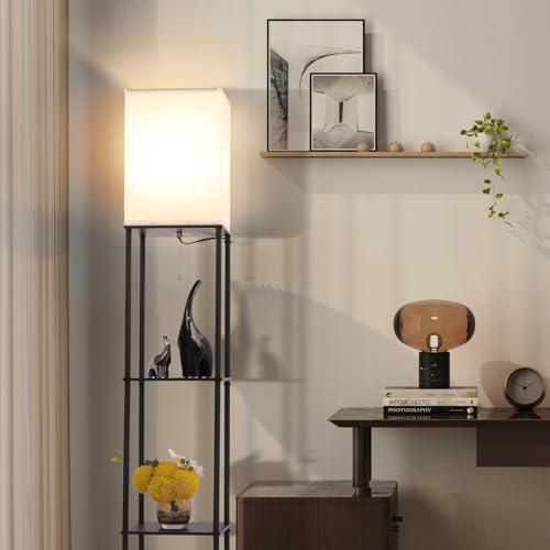 Black Floor Lamp with Shelves - Modern Corner Standing Bookcase & Lighting