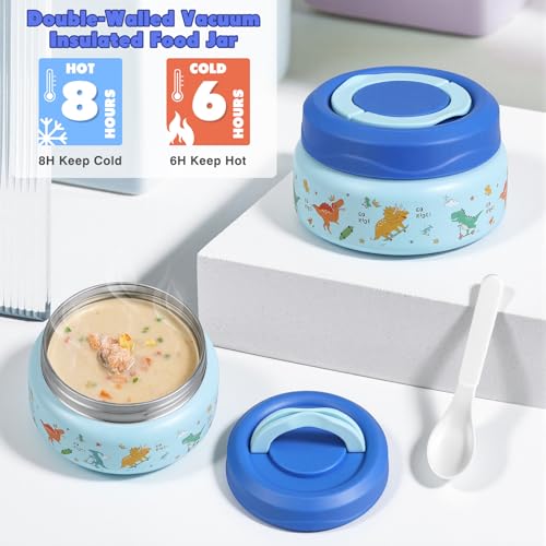 Zeekala Kids Bento Lunch Box Set with Insulated Soup Thermo & Water Bottle - Blue Dinosaur