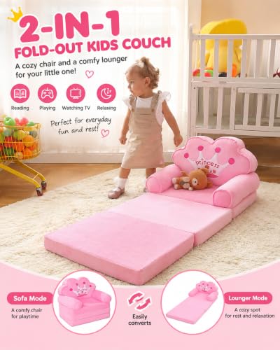 Kids Foldable Couch - Princess Chair for Toddlers, Pink, Model: Sofa