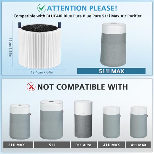 iSingo White Replacement Filter for BLUEAIR 511i Max Air Purifier – HEPA and Carbon Filter