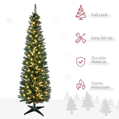 HOMCOM 7ft Pre-Lit Slim Artificial Christmas Tree with Warm White LED Lights