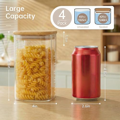 42 oz Square Glass Food Storage Containers with Airtight Bamboo Lids - 4 Pack