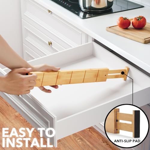 SpaceAid Bamboo Drawer Dividers with Labels, Adjustable Expandable Organizer, 7 Dividers with 15 Inserts, Natural 17-22 inch