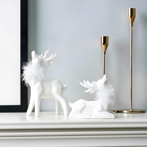 Ceramic Christmas Reindeer Figurines Set - White Deer Decor for Winter Holiday Tabletop